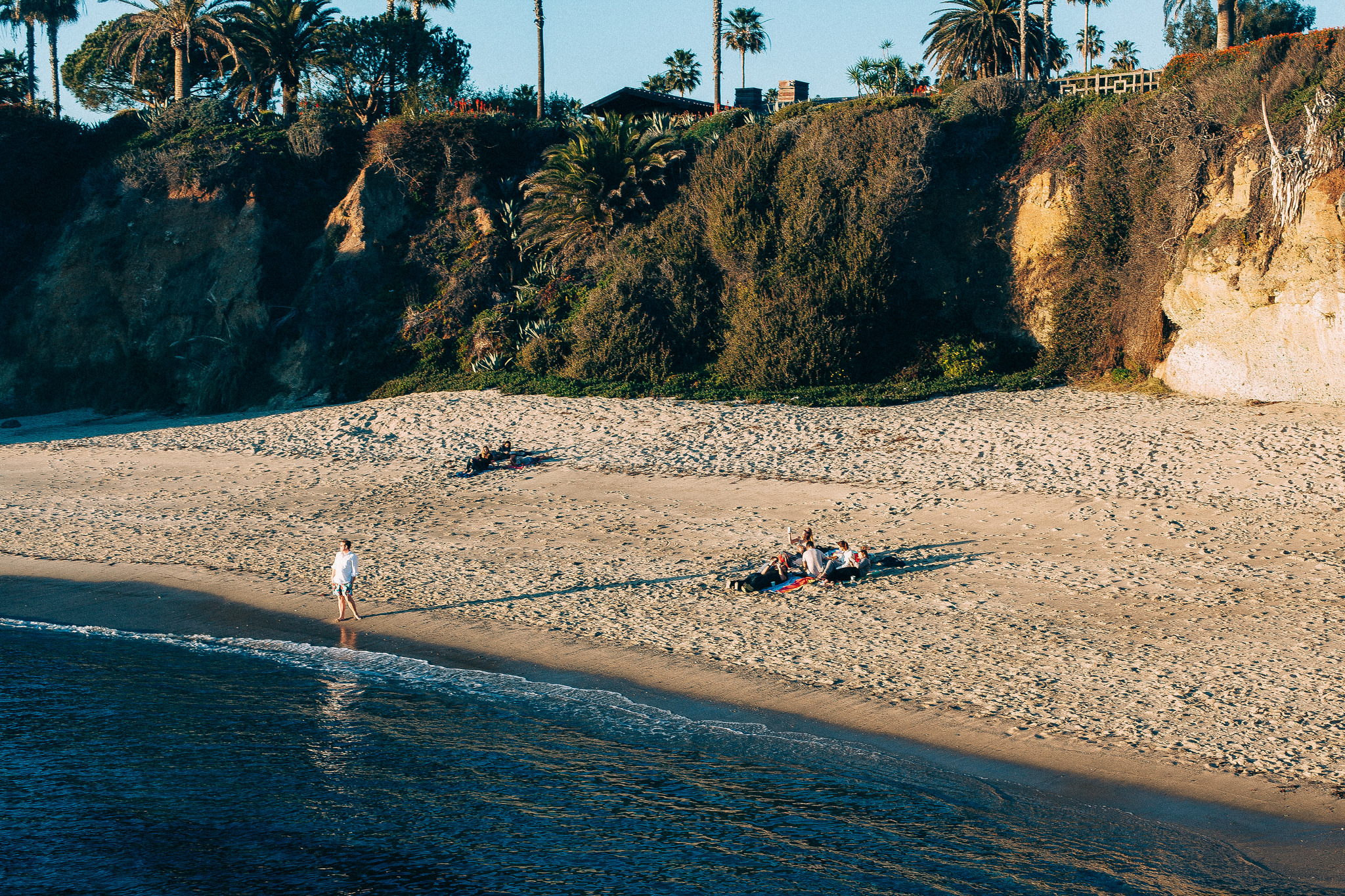 Elevated view of a sandy cove bordered by blue ocean water and steep coastal cliffs with palm trees.