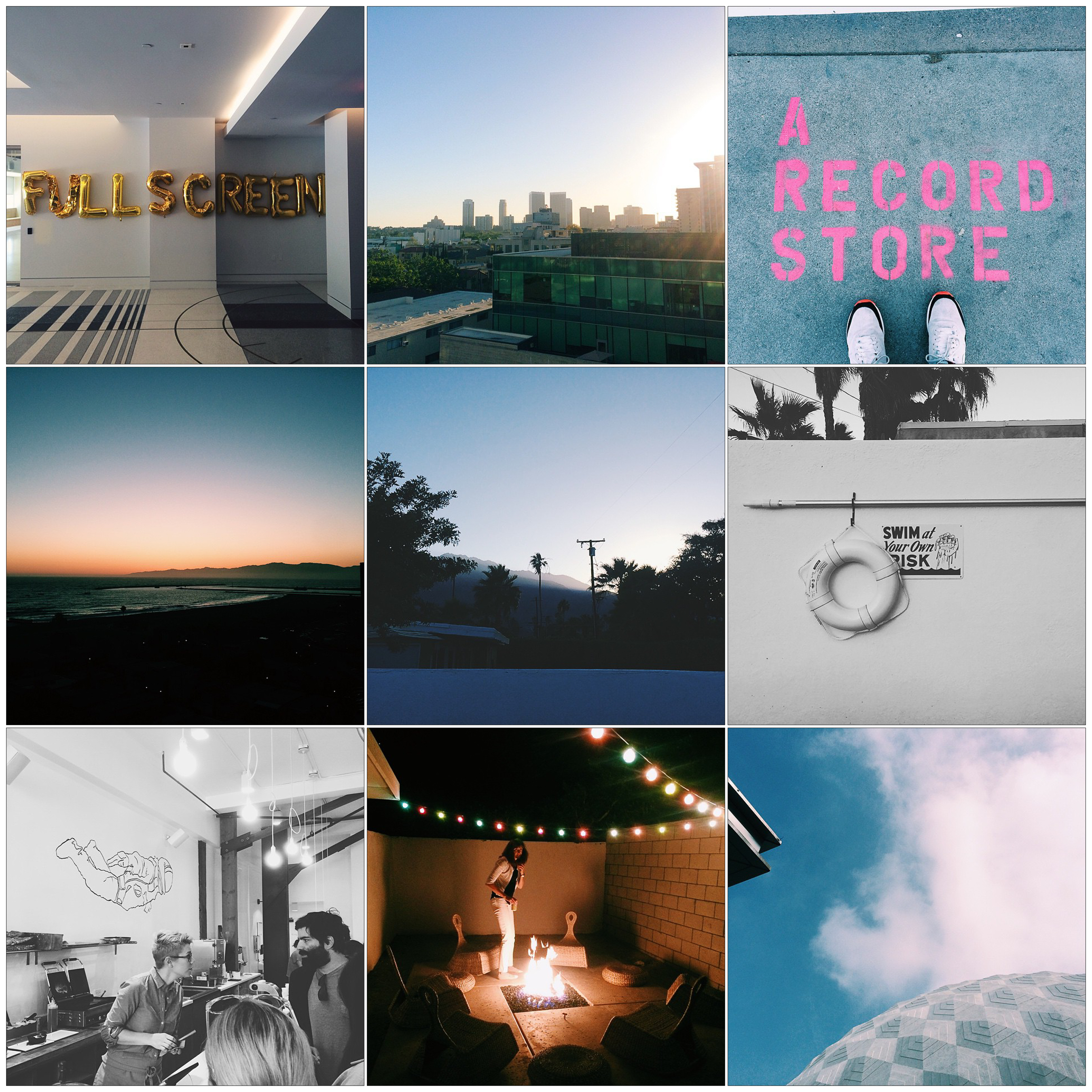 A 3x3 photo grid collage featuring California scenes including gold FULLSCREEN balloons, downtown skyline at sunset, 'A RECORD STORE' pink stencil on pavement with sneakers, coastal sunset, mountain silhouette, pool life ring sign, coffee shop barista, evening fire pit patio, and a geodesic dome, shot with an iPhone 5s.