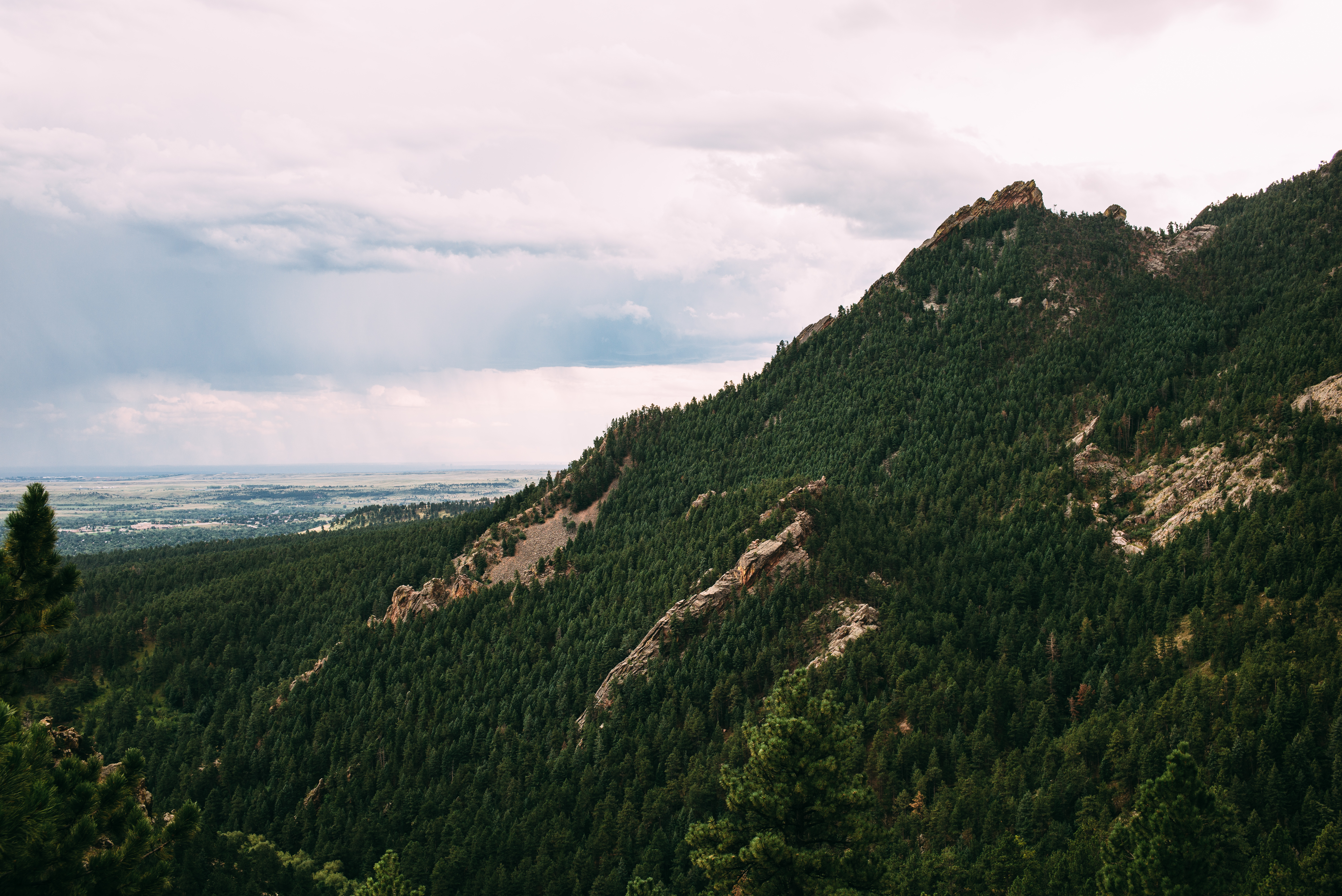 Steep pine-covered mountain ridges and rocky crags overlooking vast plains under an overcast sky in Boulder.