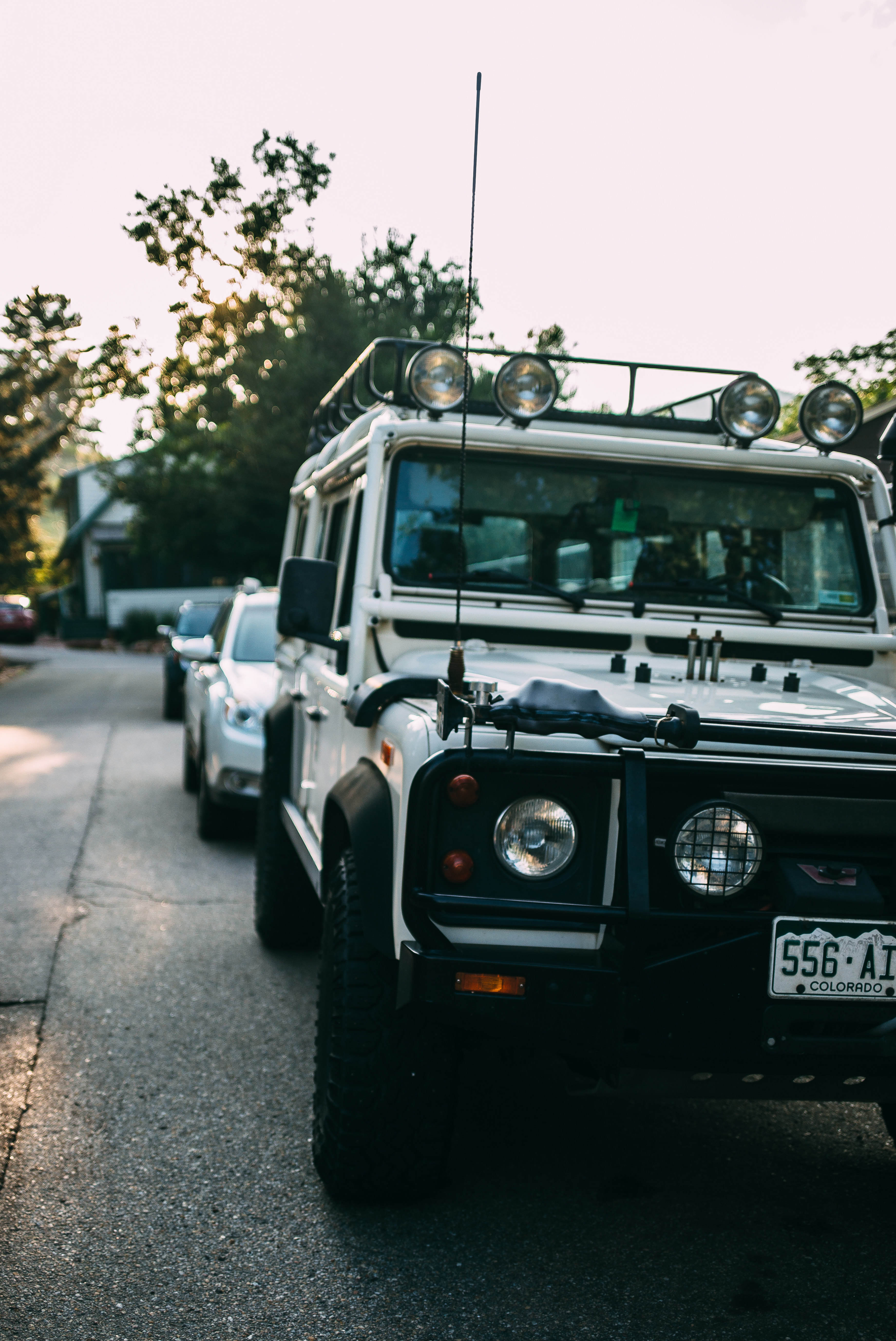 White vintage Land Rover Defender with roof rack and Colorado plates parked along a tree-lined street.