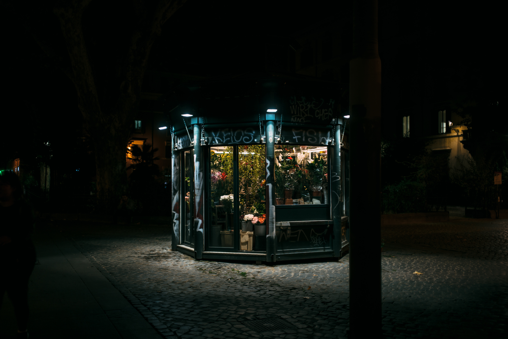 A glowing glass kiosk flower stand illuminated at night on a dark cobblestone piazza in Rome.