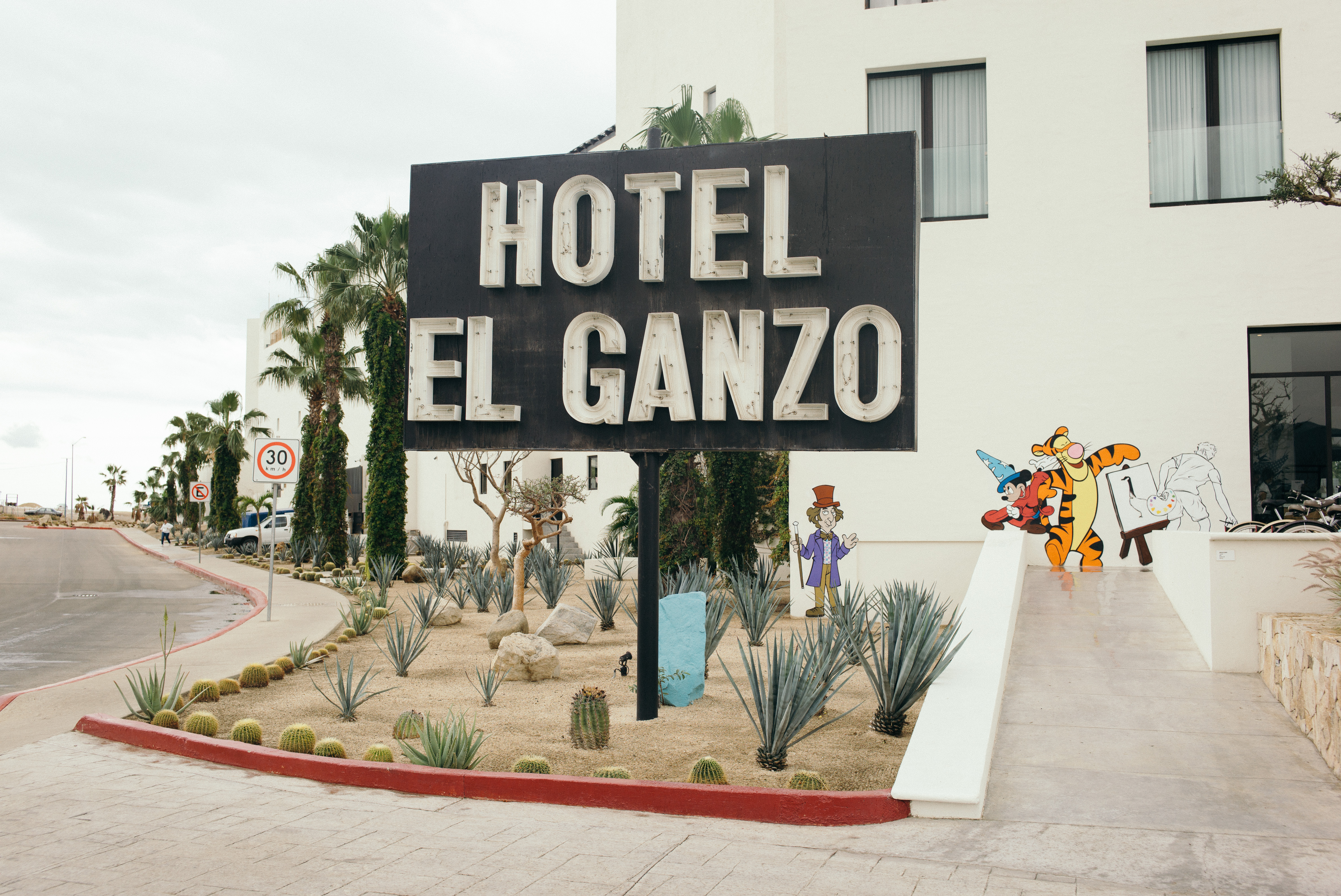 Entrance to Hotel El Ganzo showing an illuminated neon marquee sign and a hand-painted floral skull mural on the facade in San Jose del Cabo, shot with a Leica M240.