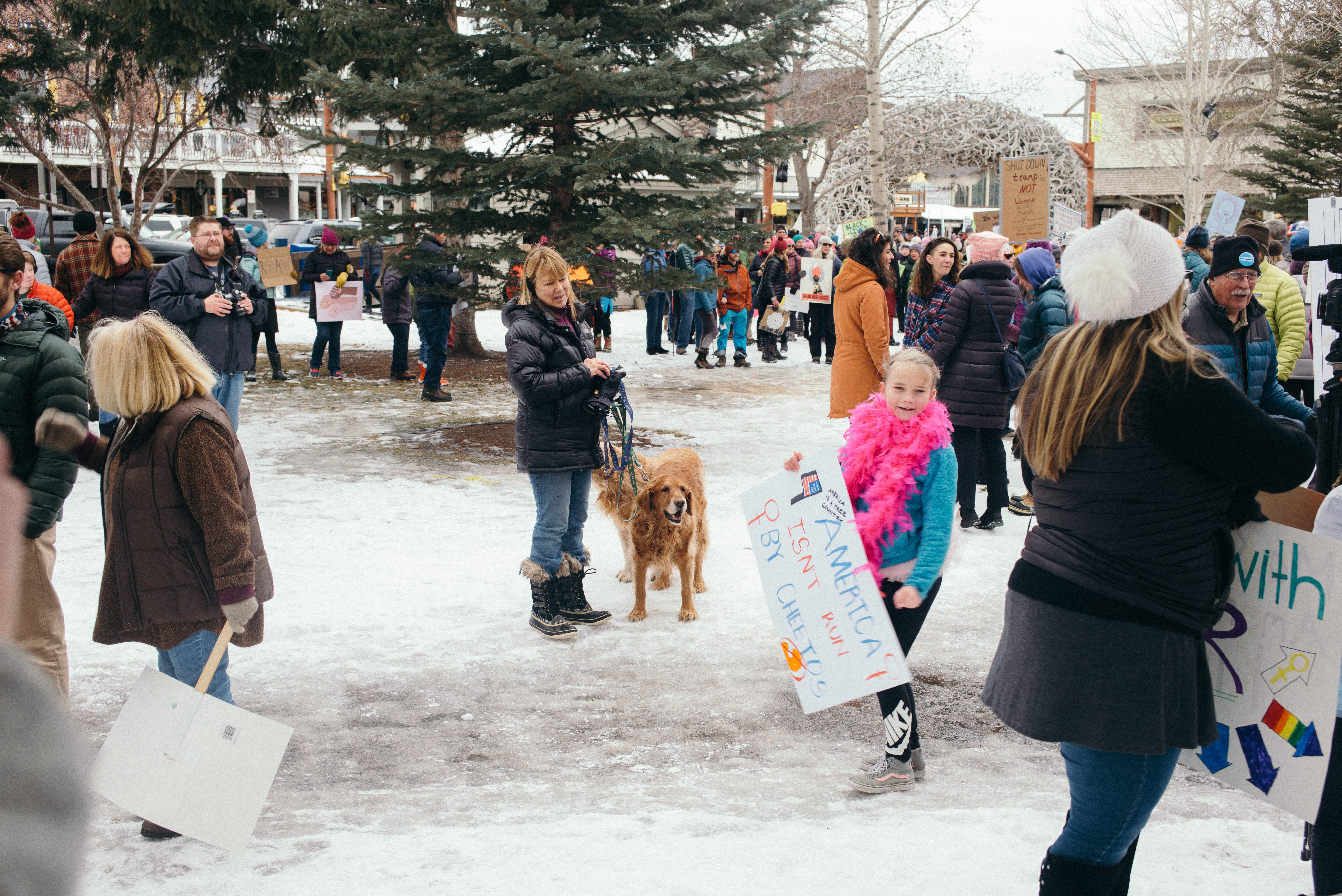 Girl with a dog holds a sign reading 'AMERICA IS A FREE COUNTRY ISN'T RUN BY CHEETOS' at a rally.
