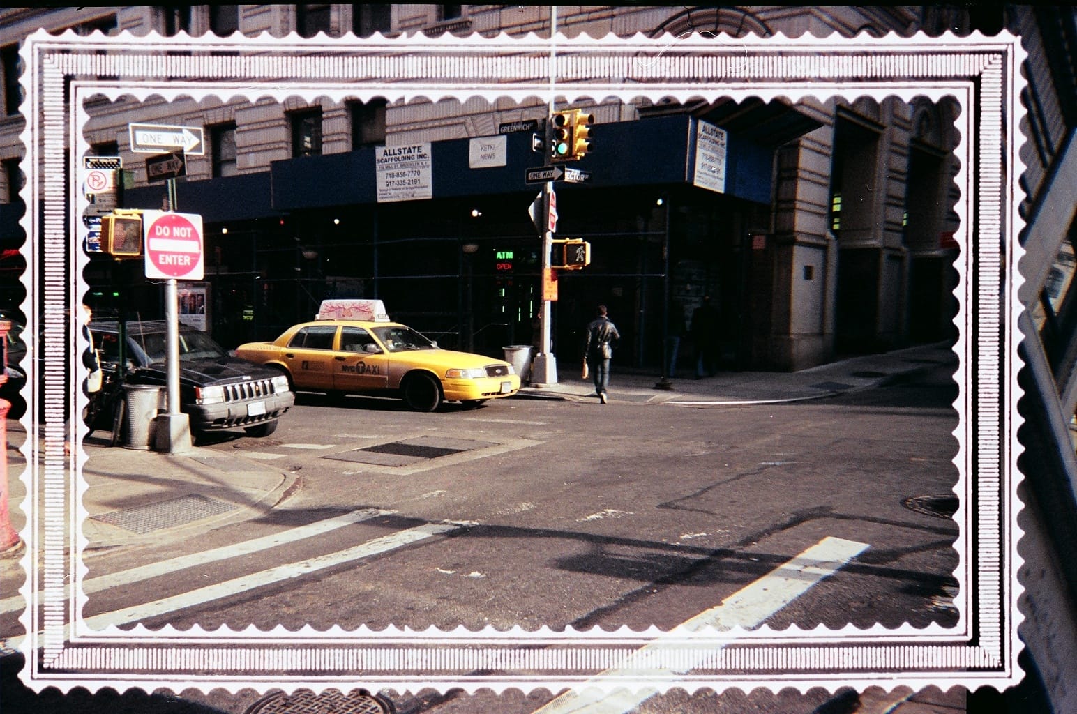 City street scene with graphic symbol overlay.