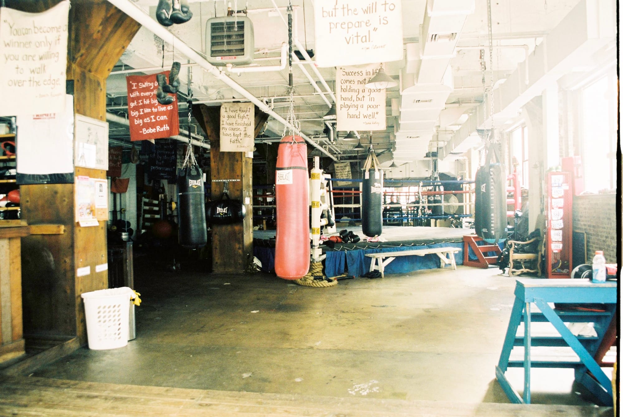 Sunlit gym floor at Trinity Boxing Club with heavy hanging bags and a boxing ring in the background.