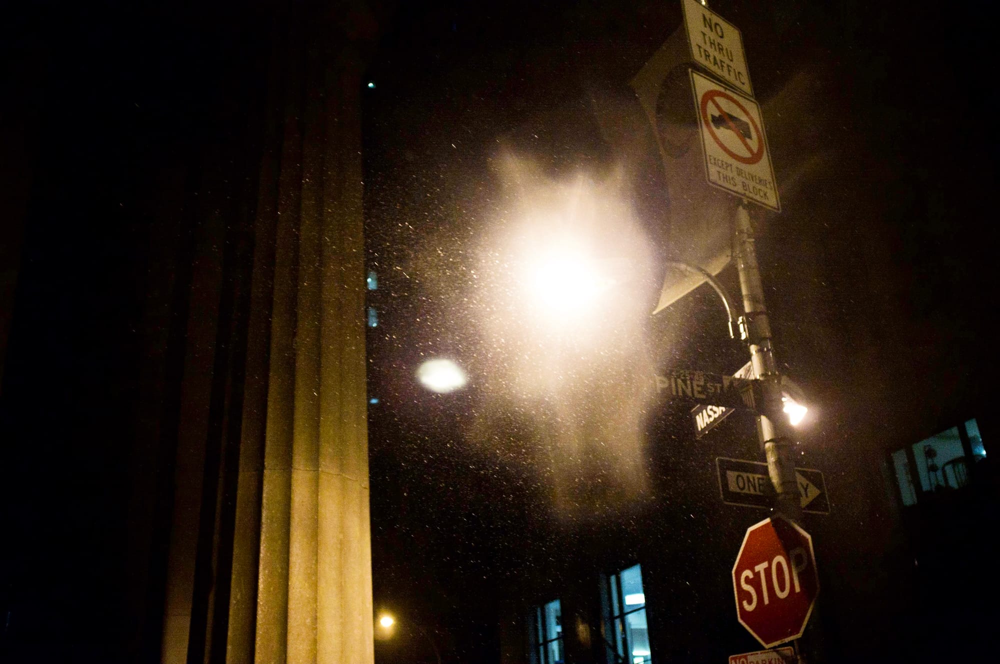Streetlamp illuminating rain and mist beside street signs at Pine and Nassau during Hurricane Irene.