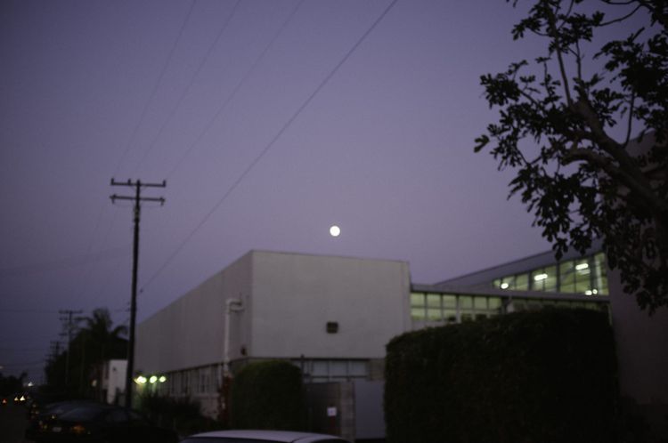 Full moon hanging low in the dusk sky above a modern building and telephone poles.