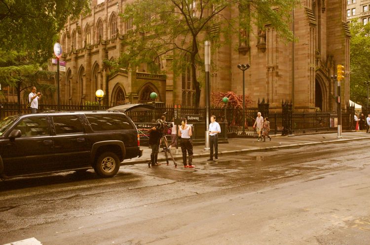 Desolate and rain-soaked street in Lower Manhattan near Battery Park during the evacuation for Hurricane Irene.