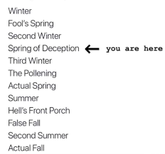 Picture of the seasons, Fool's spring, spring of deception, and The Pollening, etc.