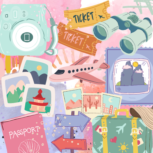 Collage of cameras, passports, airplanes, tickets, and suitcases.