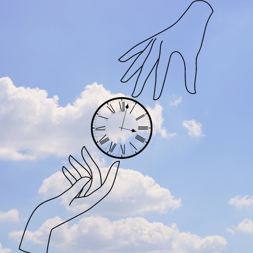 two hands reaching out to a clock. sky with clouds in background.