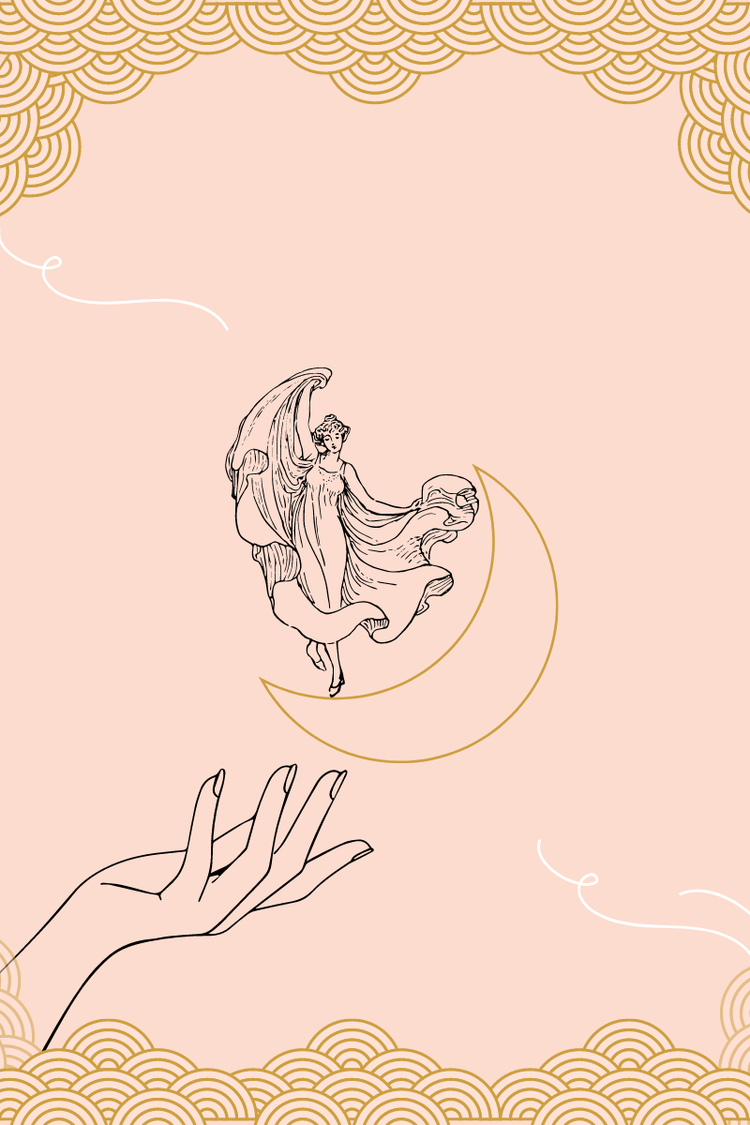 woman dancing on the Moon with hand reaching out to grab it. pink background with gold loops.