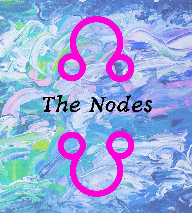 A blue painted background with pink symbols of the nodes facing away from each other. "The Nodes" is in the middle of it.
