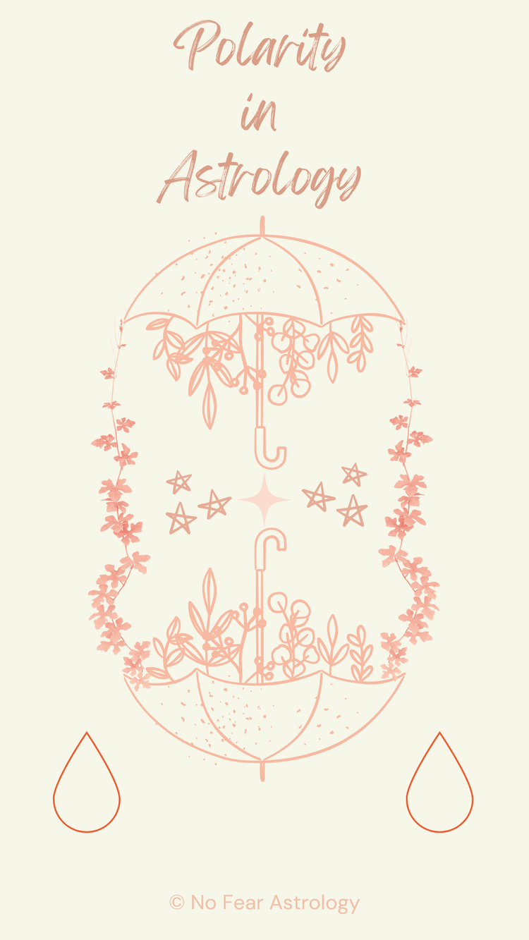 two umbrellas opposite one another, with stars and vines. text says "polarity in astrology"