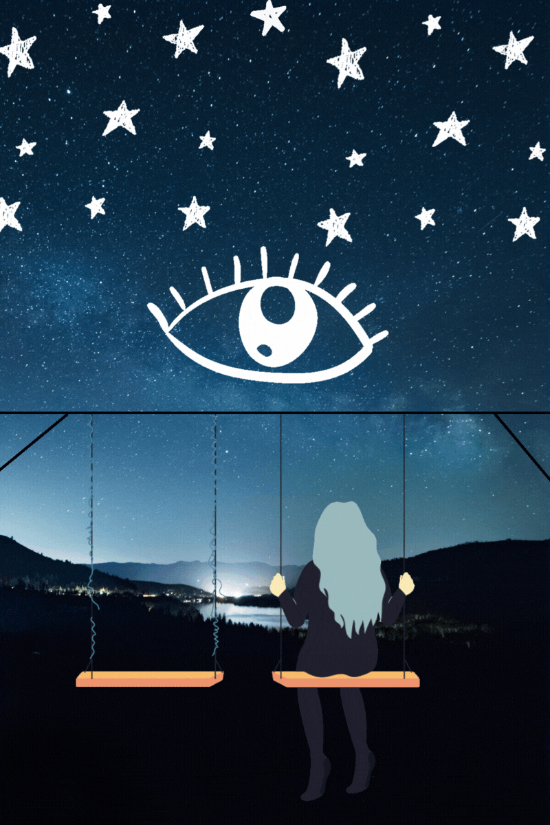 Featuring girl on swingset, with giant drawn eye and stars looking down at her.