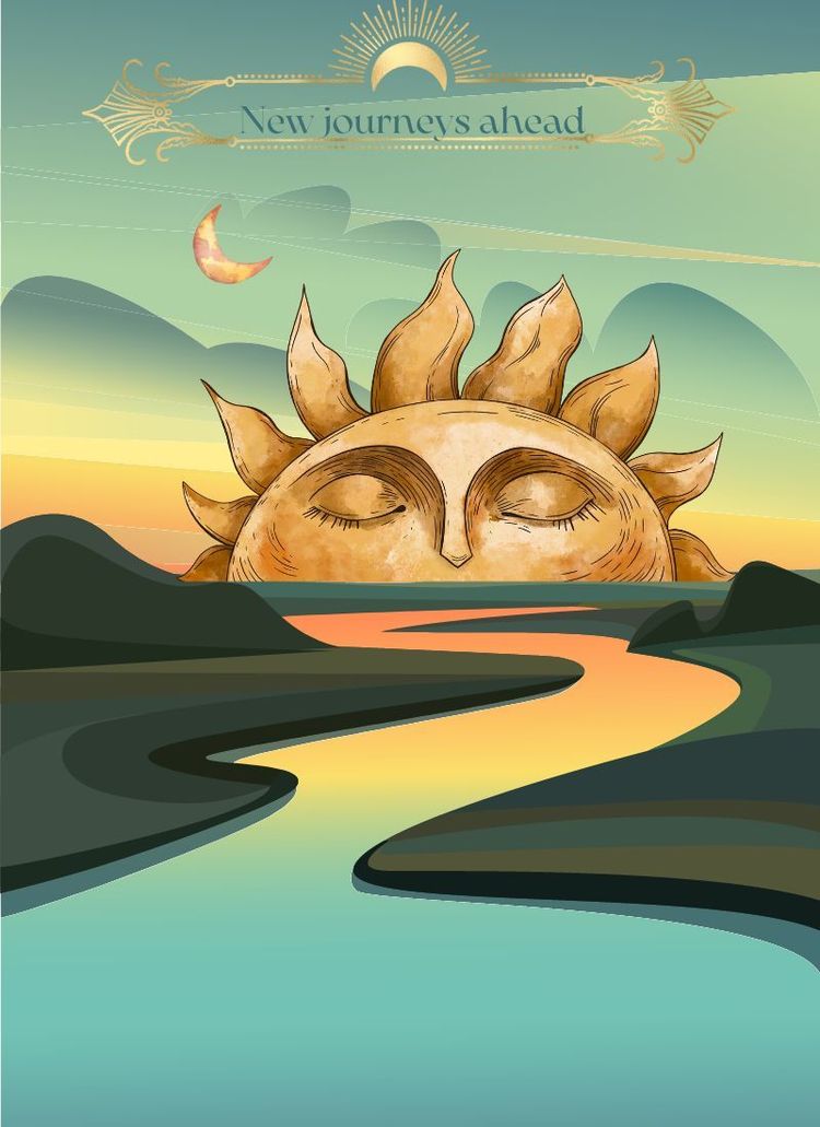 The Sun and Moon coming up over the horizon. The Sun has a face. Up top reads, "New Journeys Ahead.".