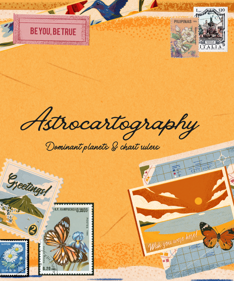 Text: "Astrocartography Dominant planets and chart rulers" on vintage paper with stamps