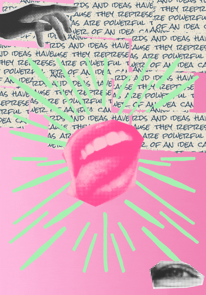 mouth with moving green stripes. eyes and words on pink background