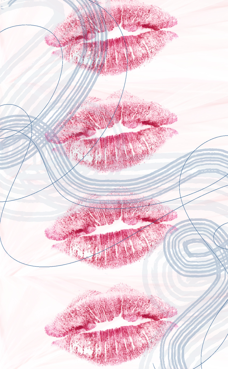 Lipstick marks with a pastel pink background and blue swirls