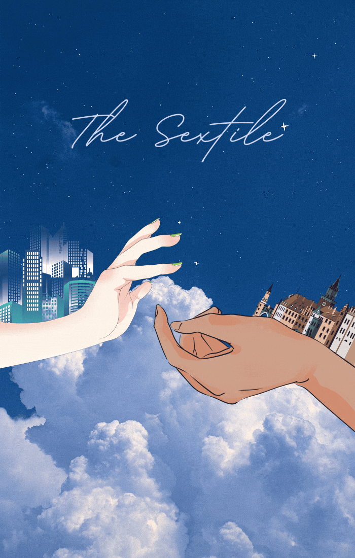 clouds in background with cities on hands reaching for each other. stars fading in and out. text says "the sextile"