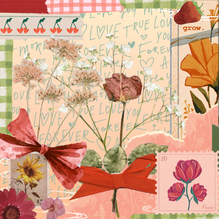 collage with flowers, stamps, and wash tape. text says "true love forever"