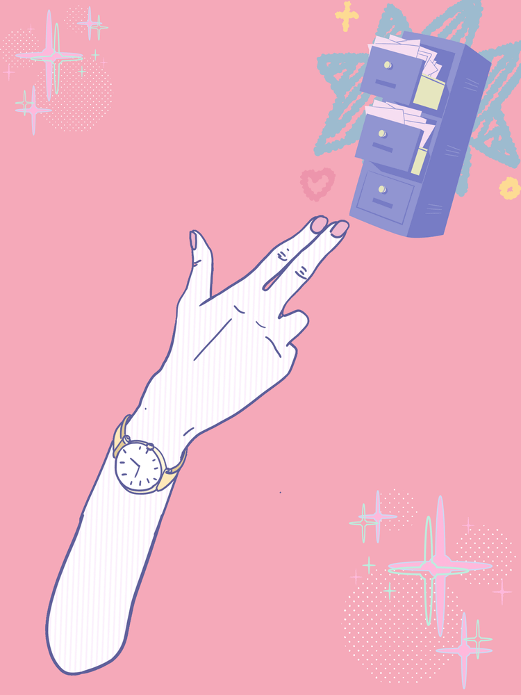finger guns to a cabinet of paperwork on pink background with sparkles