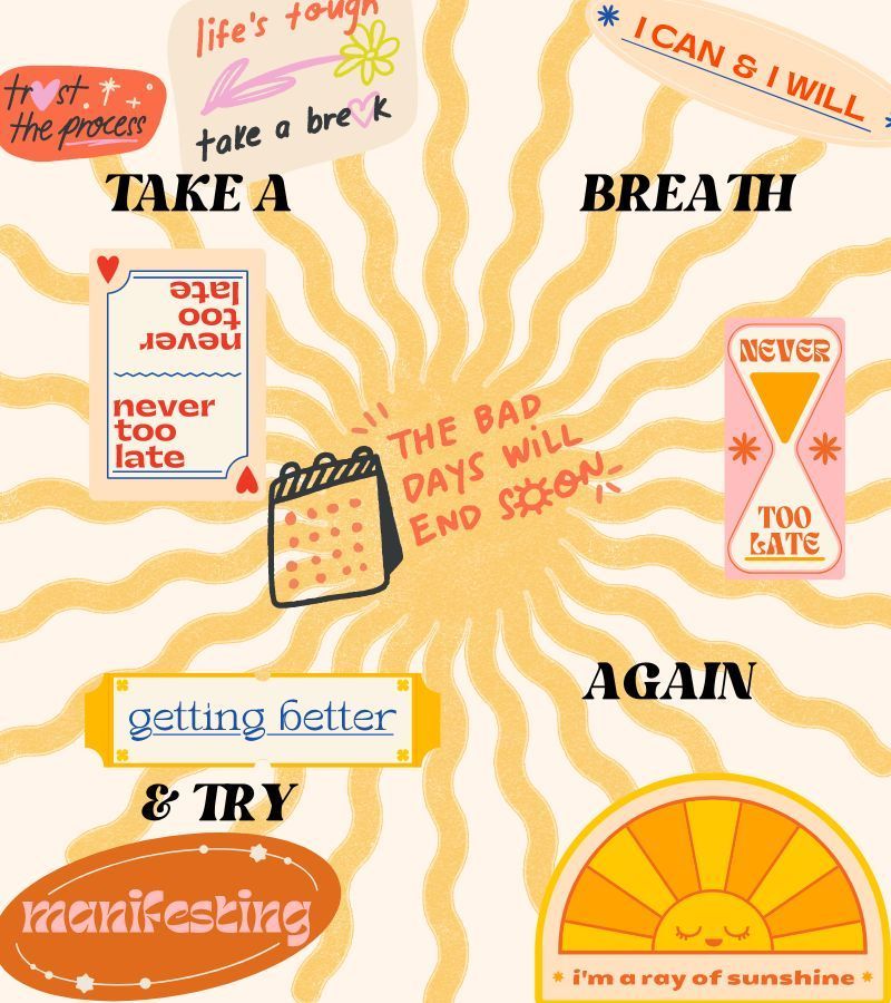 collage with stickers and a groovy sun in the background.