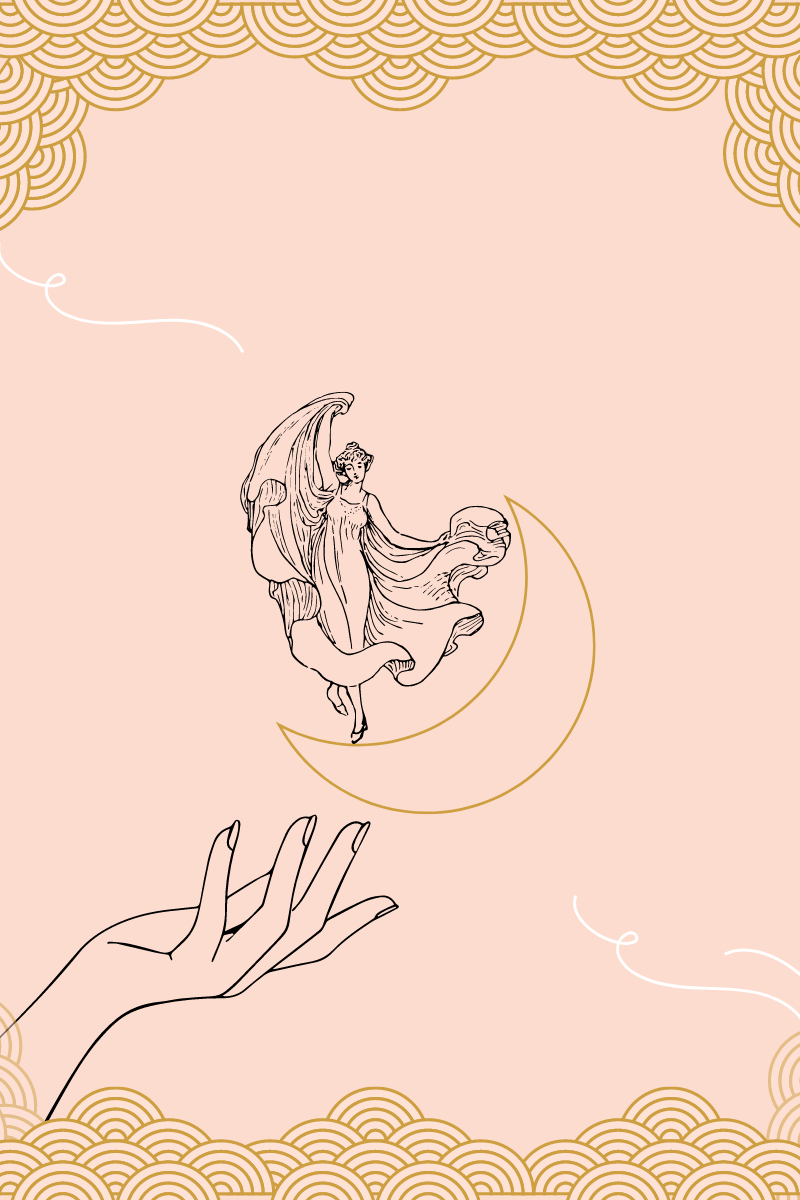 woman dancing on the Moon with hand reaching out to grab it. pink background with gold loops.
