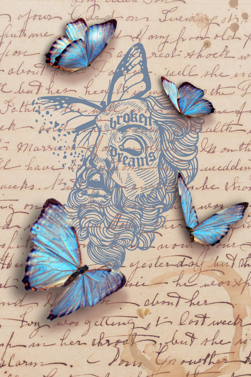 picture of man with beard on a page with butterflies. words and coffee stains in the background.