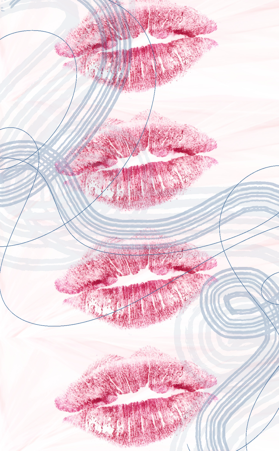 Lipstick marks with a pastel pink background and blue swirls