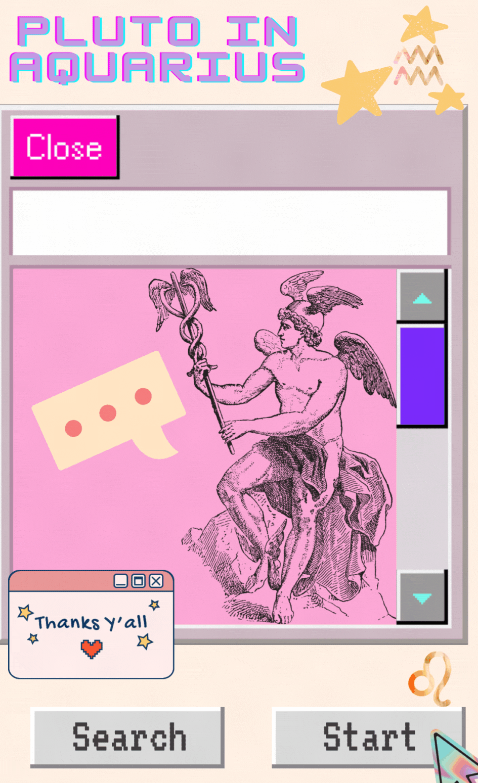 Featuring Hermes in a search bar typing. The text is "Pluto in Aquarius". Some pop ups around the image.