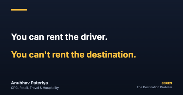Navy card. White: You can rent the driver. Amber: You can't rent the destination. Series: The Destination Problem.