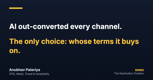 Navy card. White: AI out-converted every channel. Amber: The only choice: whose terms it buys on. Series: The Destination Problem.