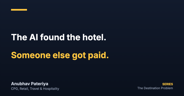 Navy card. White text reads: The AI found the hotel. Amber text reads: Someone else got paid. Footer: Anubhav Pateriya, CPG, Retail, Travel and Hospitality. Series: The Destination Problem.