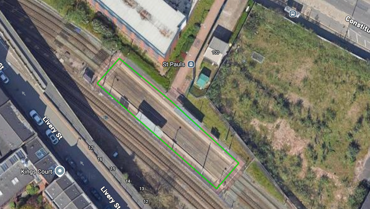 St Pauls tram stop's platforms are identified as a neat loop of cycle infrastructure by the Google Maps algorithm