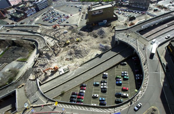 Masshouse Circus being demolished, a fate the rest of the inner ring road should suffer.