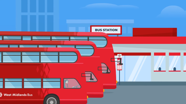 A cartoon of three red double decker buses at a bus station.
