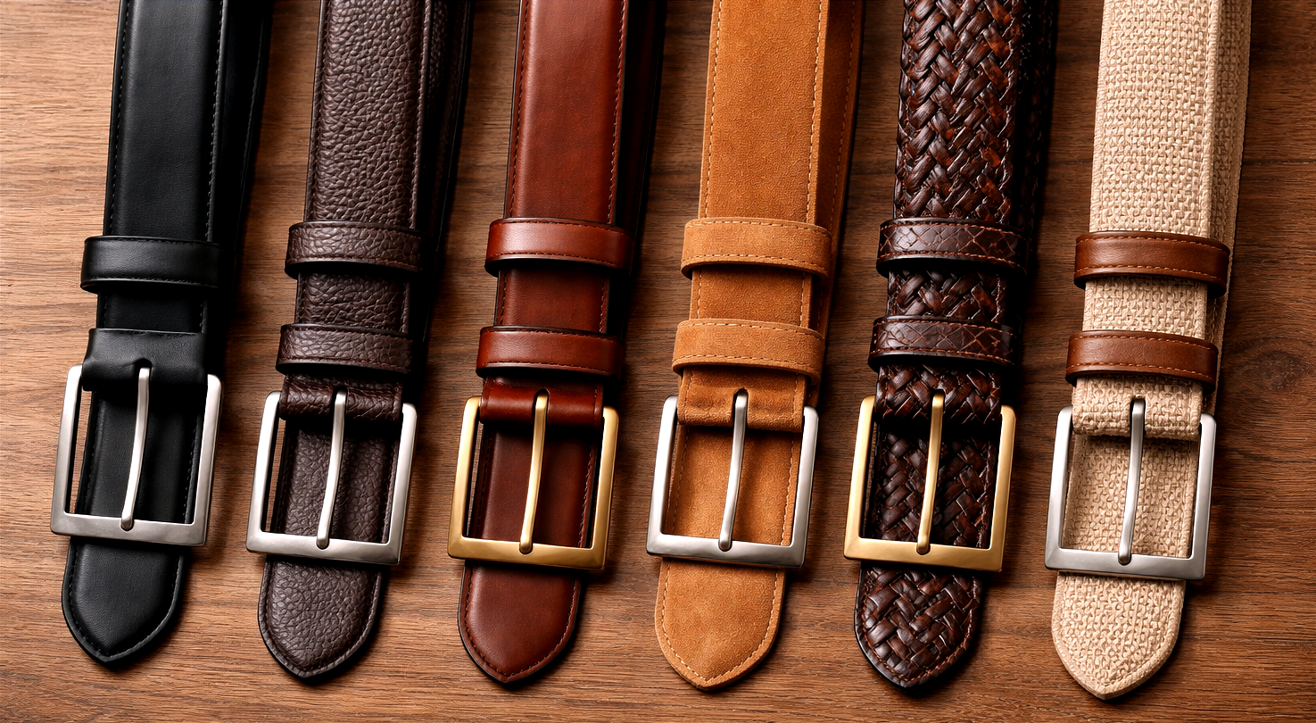 Verschiedene Gürtelarten aus Leder, Wildleder, Flechtleder und Stoff auf Holzuntergrund