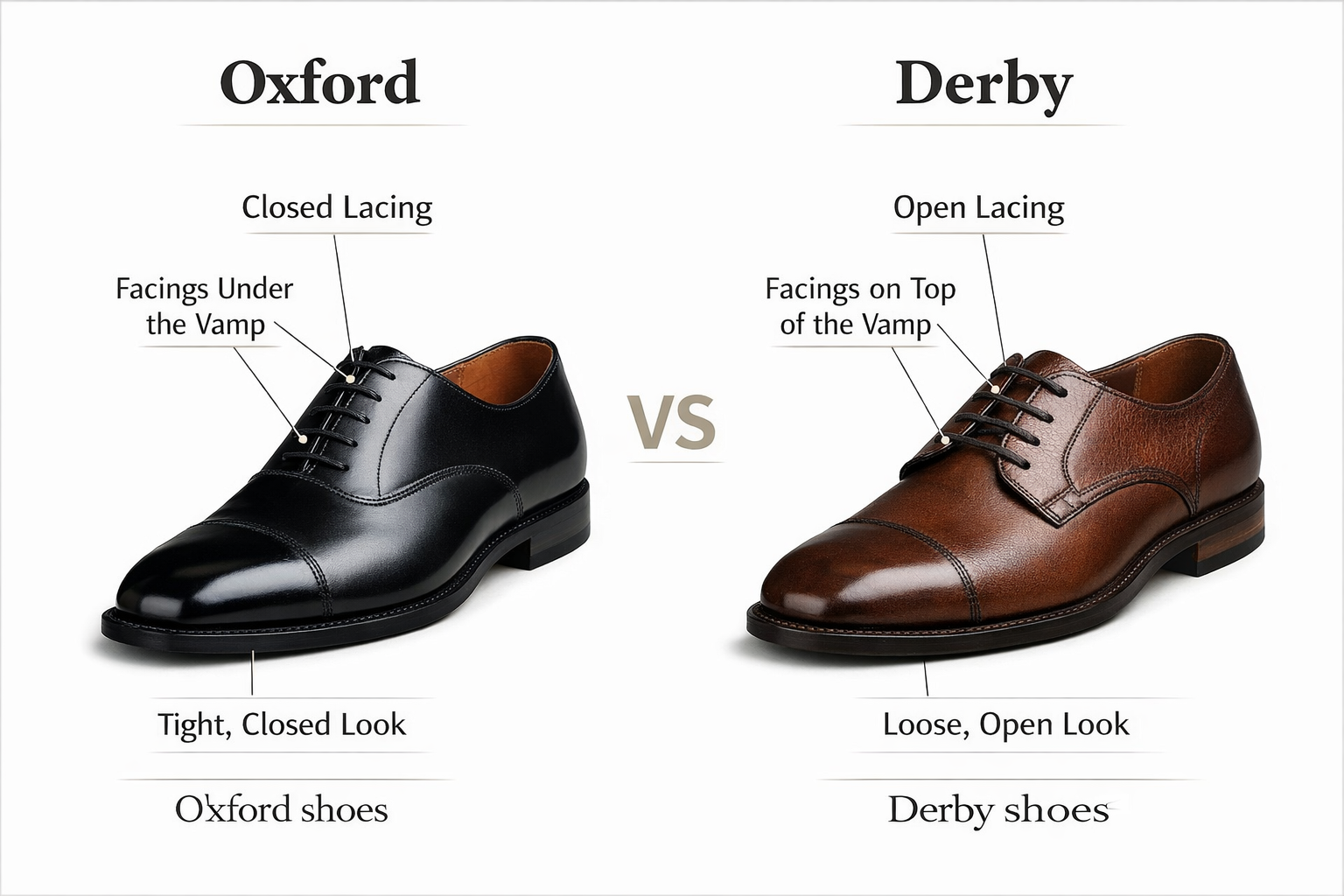 Vergleich von Oxford- und Derby-Schuhen mit Darstellung der geschlossenen und offenen Schnürung