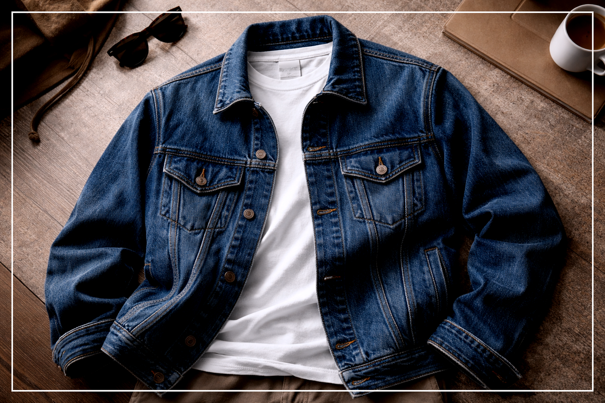 Jeansjacke liegt flach auf einem Holzuntergrund mit weißem T-Shirt darunter