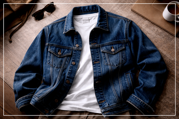 Jeansjacke liegt flach auf einem Holzuntergrund mit weißem T-Shirt darunter