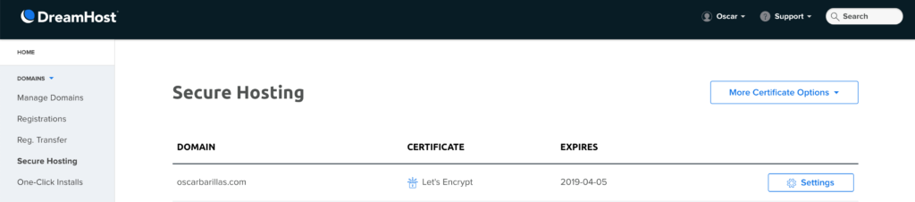 Screenshot of DreamHost and their Secure Hosting options
