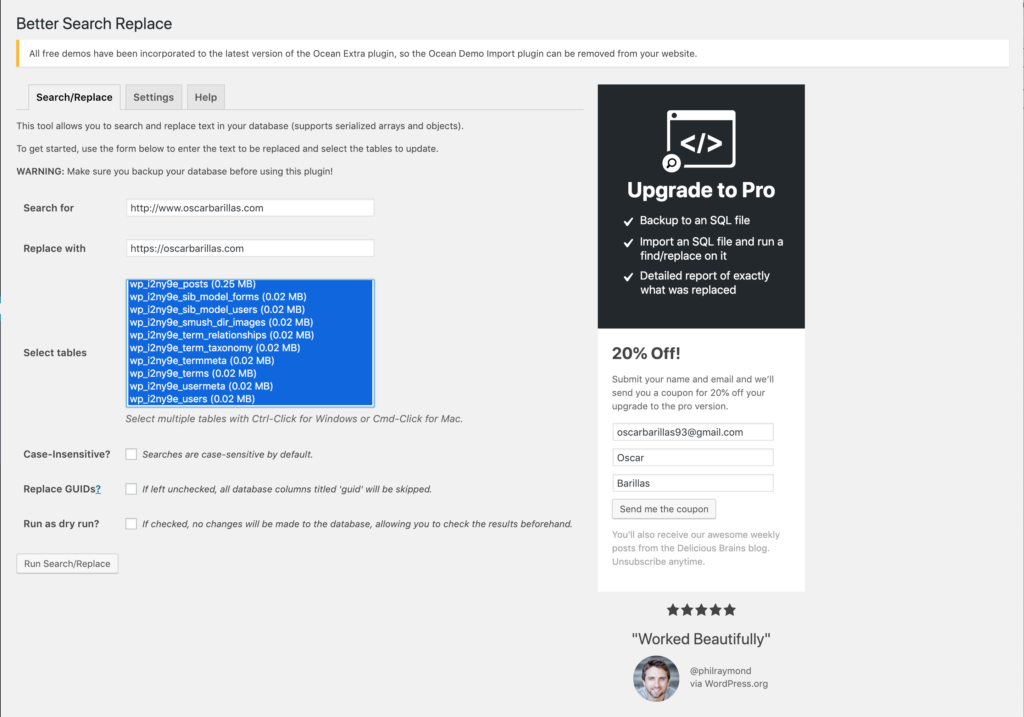 Screenshot of Better Search Replace