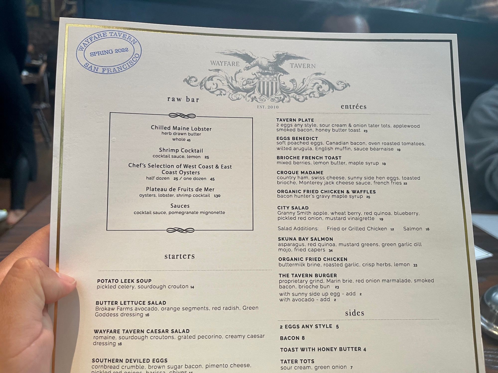 Wayfare Tavern Menu Front