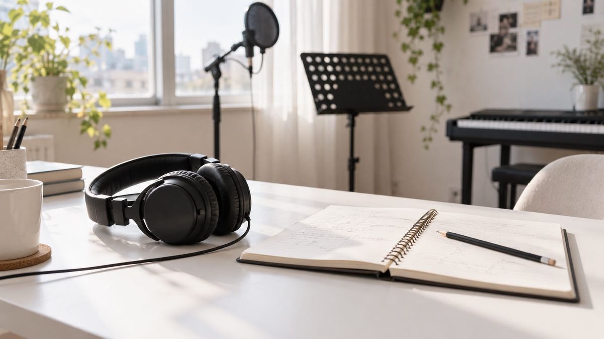 Studio headphones and a practice notebook on a bright white desk.