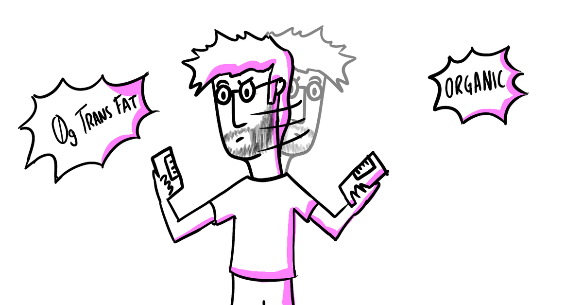 Illustration of Charlie looking confused at two different options in the grocery story