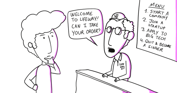 A drawing of me looking at my older self working at "LifeWay".