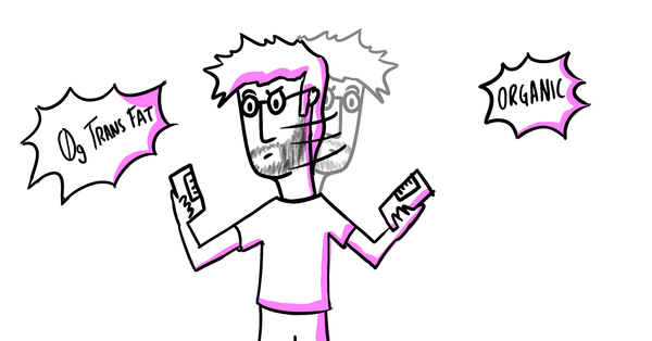 Illustration of Charlie looking confused at two different options in the grocery story