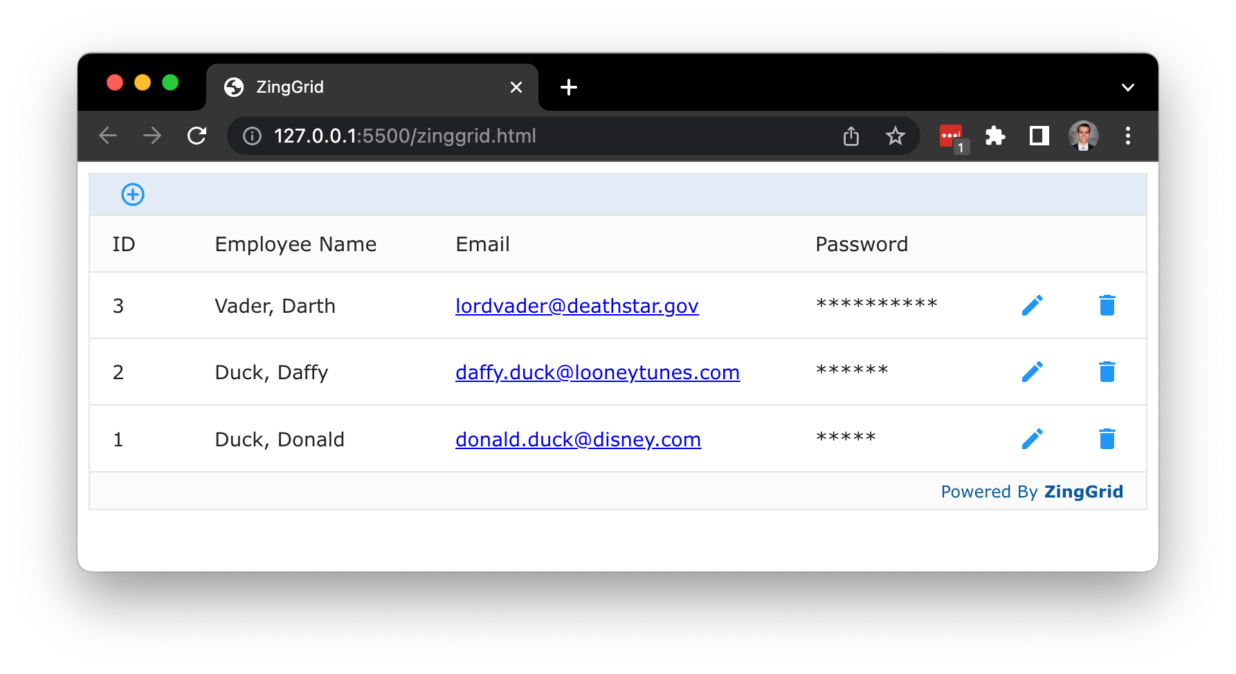 A zing grid showing fake user accounts for Darth Vader, Daffy Duck, and Donald Duck. There is a password column that just displays asterisks for each account.