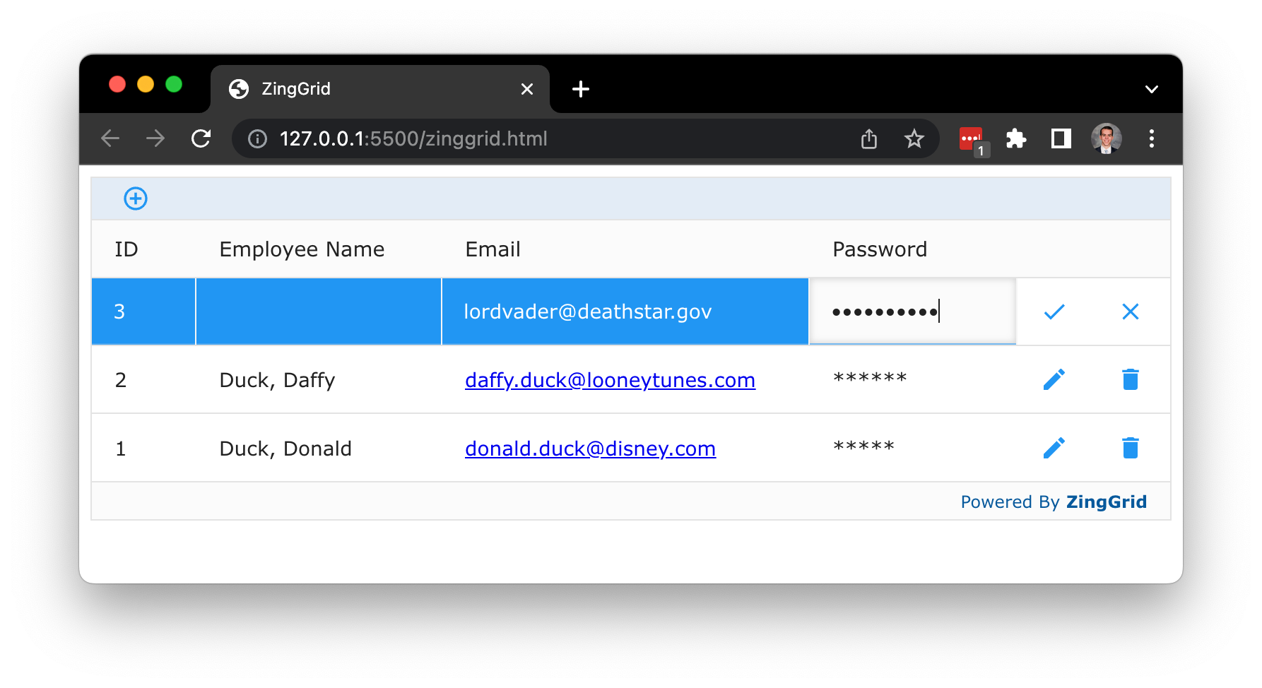 The same zing grid as before with the fake user accounts, but the first row is in editing mode. The password cell is in focus, and a default input type password element is shown.